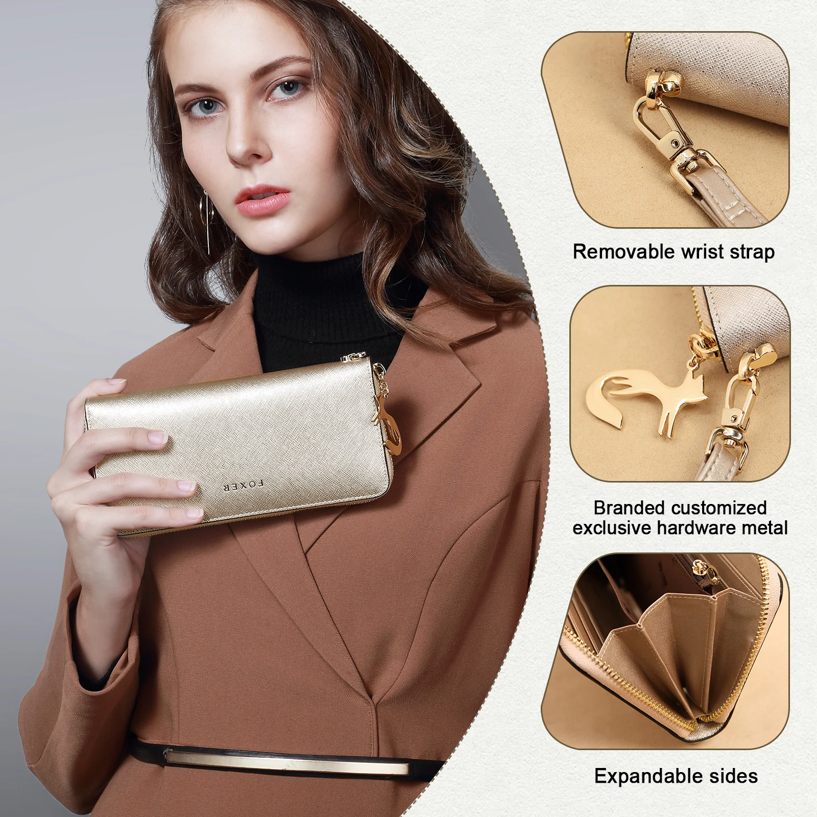 FOXER Elegant Lady Long Wallet Cowhide Leather Fashion Coin Wallet Multi-card Slots Women's Card Holder Zipper Wrist Phone Bag