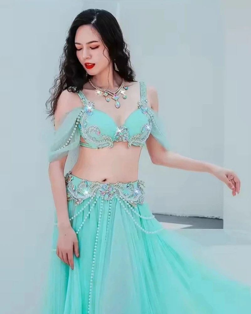 Novo traje de performance de dança do ventre-estilo de fada dupla camada grande balanço saia competição palco desempenho traje