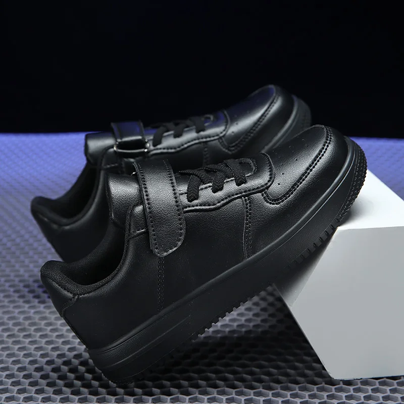 Zapatillas de deporte de cuero para niños, zapatos informales de Tenis para Niños de 6 a 12 años, color negro, 2024