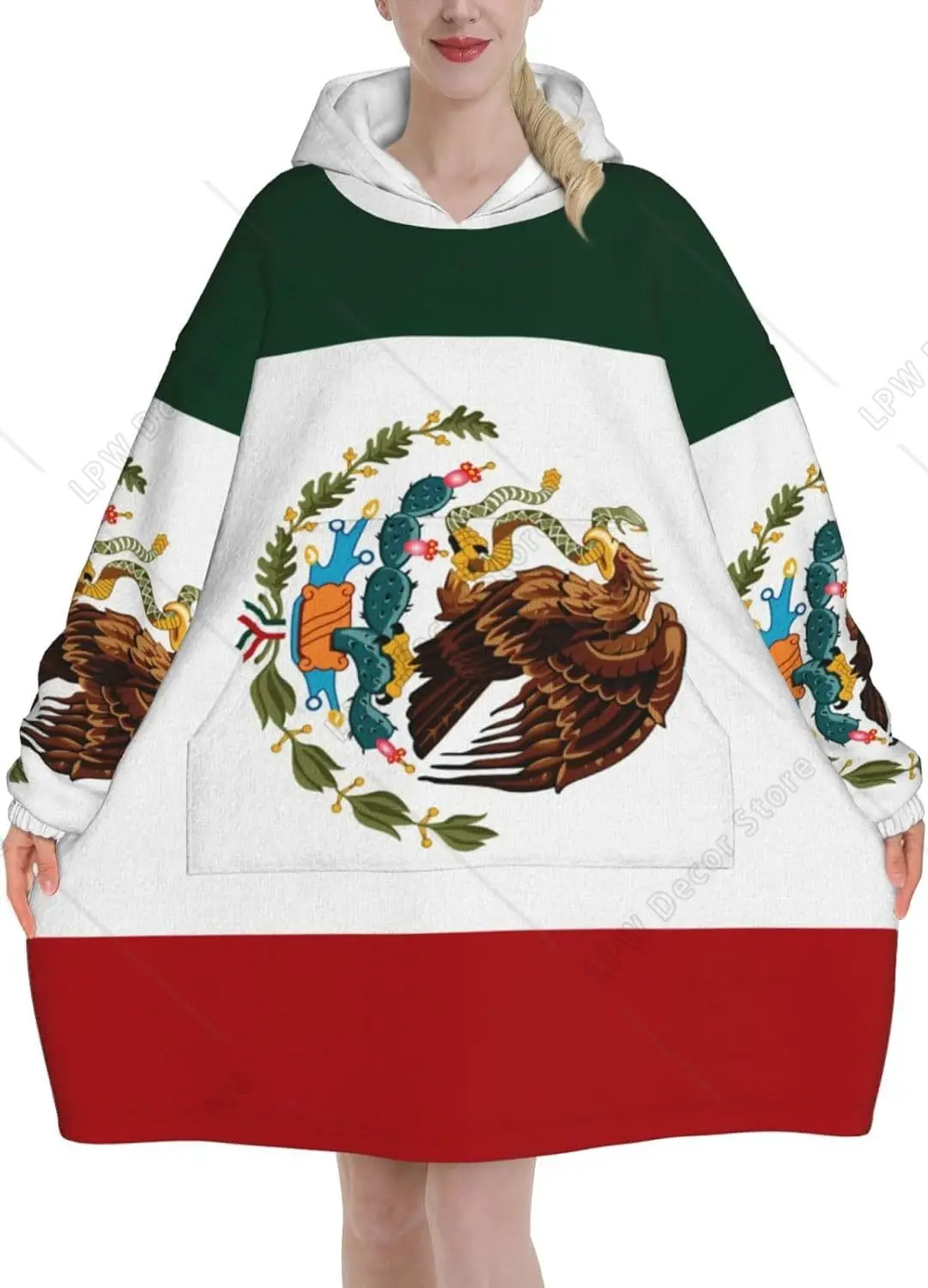 

Фланелевое носимое плюшевое одеяло с мексиканским флагом для взрослых и карманами, ультрамягкая плюшевая теплая толстовка с капюшоном