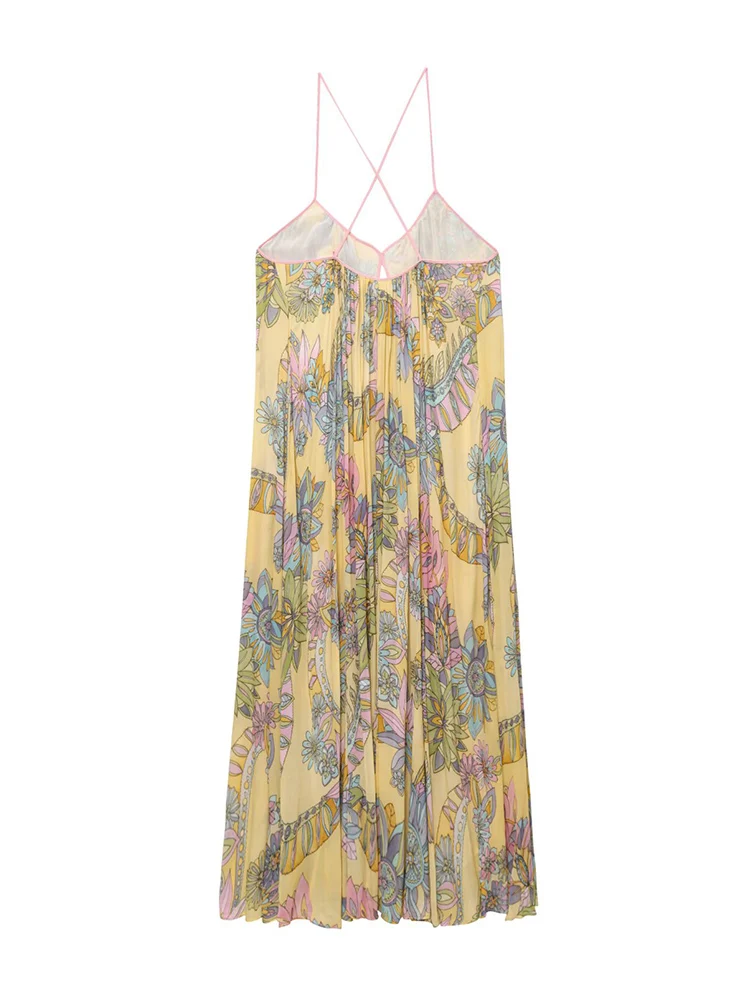 TFMLN Elegant Women Casual Print Dress Sleeveless Party Summer V Neck Sling Loose Dress Fashion Holiday Beach Style Long Dresses