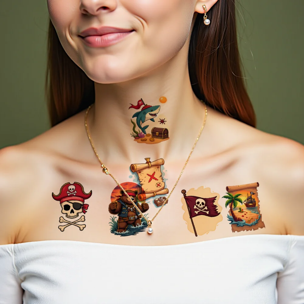 63 قطعة الوشم المؤقت شجرة النخيل ملصقات الوشم المؤقت الجمجمة مدفع مقاوم للماء طويلة الأمد ملصقات الجسم خريطة القراصنة #5