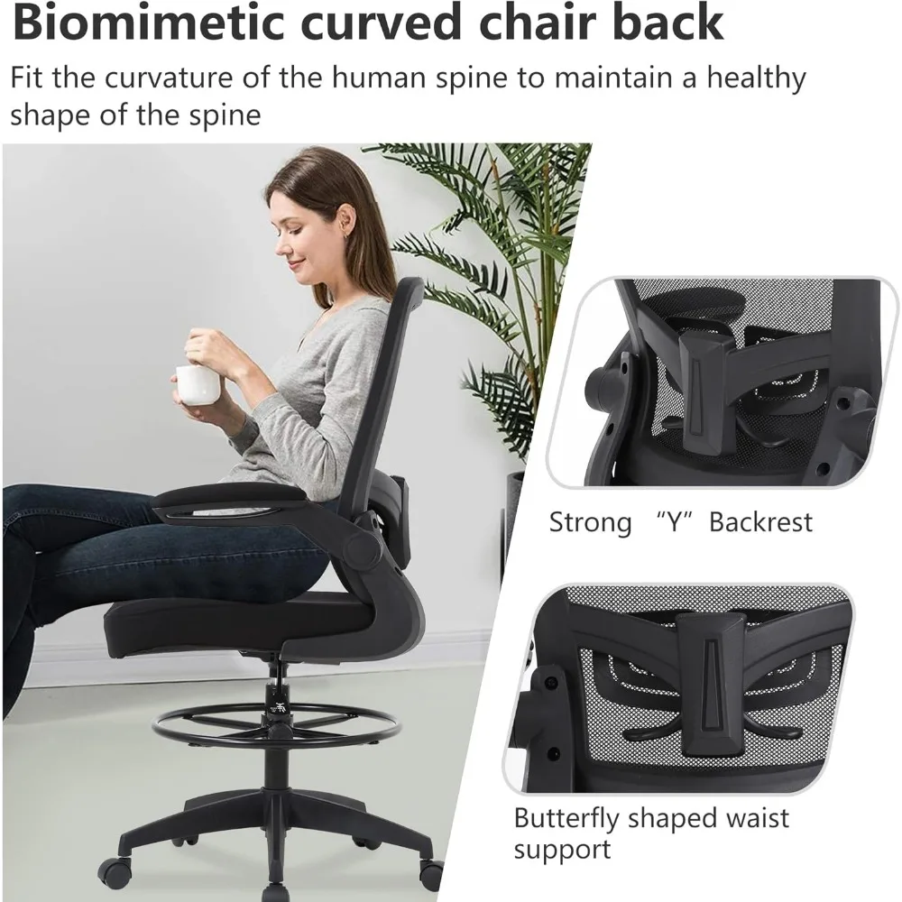 Ergonomic Drafting Chair Tall Office Chair High Adjustable Standing Desk Chair with Lumbar Support Mesh Back Footrest Flip-Up