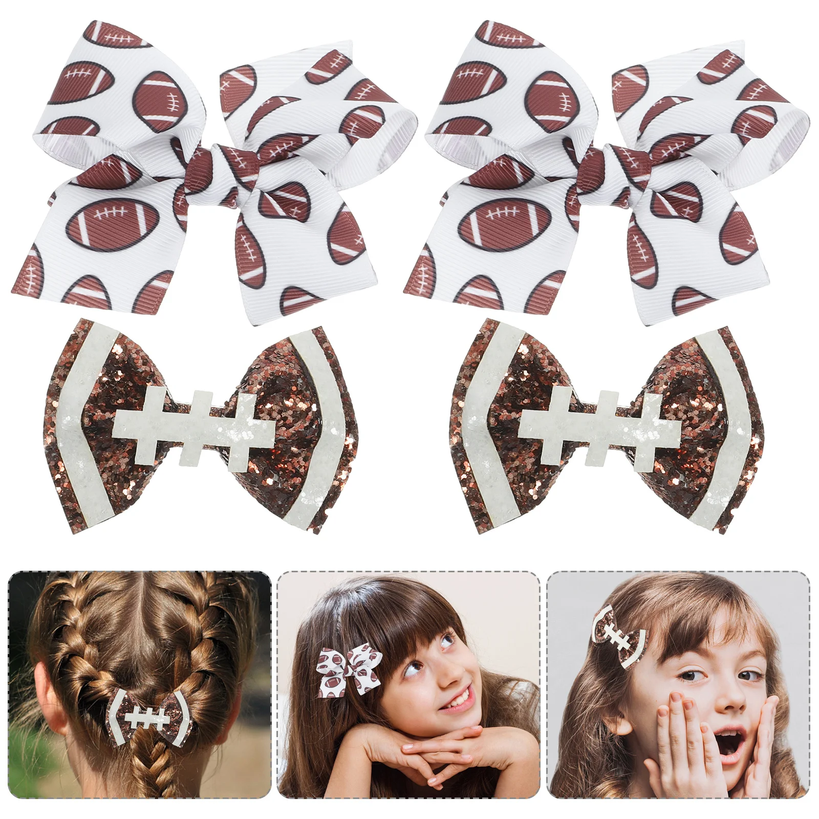 

4Pcs Rugby Hair Bow Clips Sports Theme Small Hair Bow Accessories for Birthday Party Everyday Use Small Bows for