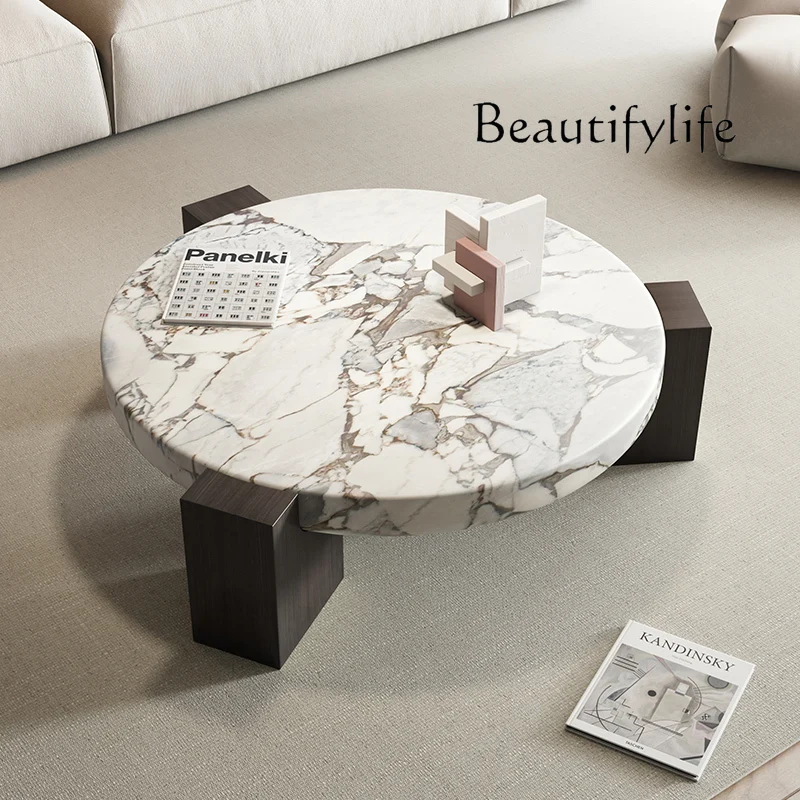 

Светлый роскошный мраморный круглый журнальный столик для гостиной, бытовой многофункциональный чайный столик из цельного дерева, простой современный дизайнерский столик