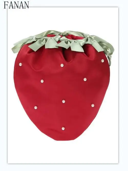 Fashion Fruit Strawberry Pearl Satin Bundle Bags for Women Sweet and Cute Japanese Style Ladies Shell Cosmetic Bag Fashion