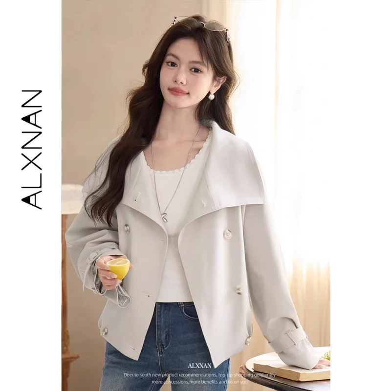 

Женский тренч ALXNAN 2026: модная укороченная куртка с длинным рукавом и отложным воротником, элегантный повседневный уличный стиль, верхняя одежда для женщин L61601