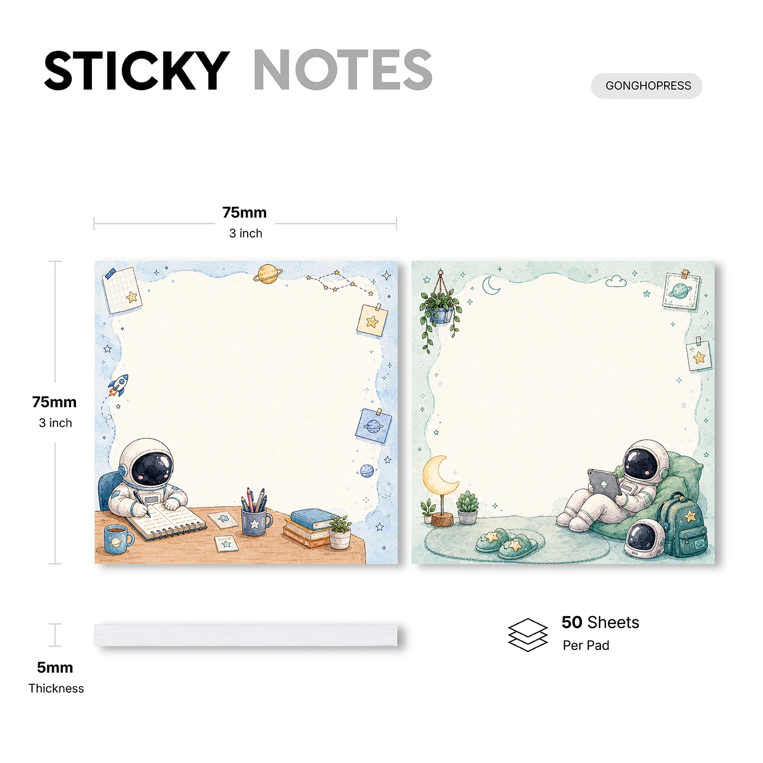 2PCS Cute Astronaut Sticky Notes 100 Sheets Space Planet Moon Star Memo Pads Creative Reminder Self Adhesive Office Stationery