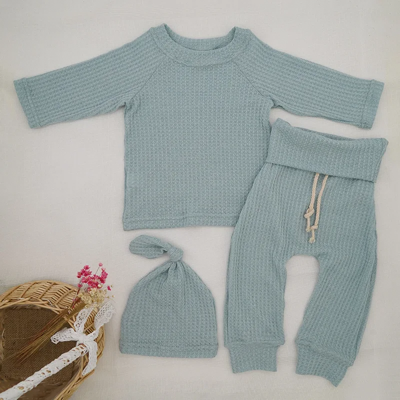 Waffle Infant Baby Boys Girls Outfits Long Sleeves Sweatshirt + Pants Set Clothes with Baby Hats for Autumn Winter Fall Clothes