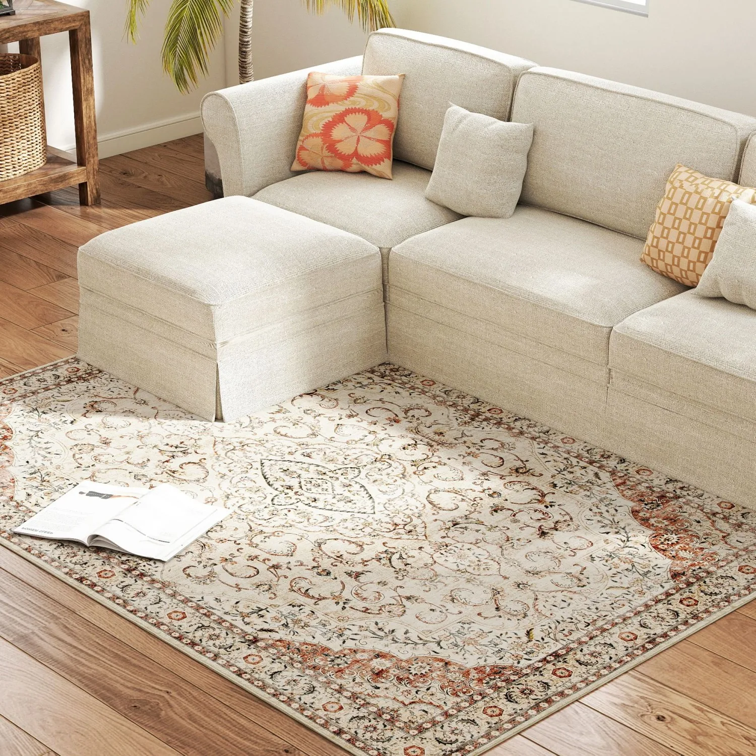 

4x6 Mixed-Brown Classical Floral Area Rug - Machine Washable Non-Slip Flannel Rug for Living Room & Bedroom