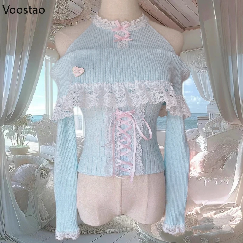 일본 카와이 로리타 스타일 니트 풀오버 여성 가을 ​​달콤한 레이스 프릴 붕대 오프 숄더 스웨터 여성 귀여운 슬림 탑
