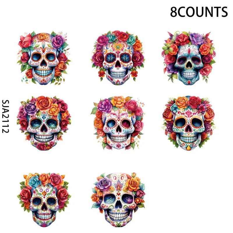 8pcs Day of The Dead Sublimation UV DTF Cup Stickers, Waterproof Sticker Pack for Decorating Mugs, Cups,DIY Art Supplies