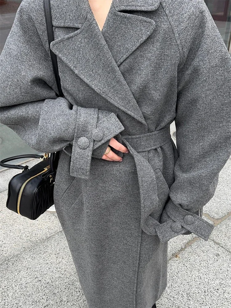 

Зимнее свободное пальто на шнуровке, куртки для женщин, элегантное пальто с лацканами и карманами, высокой талией, женская шерстяная верхняя одежда, куртки