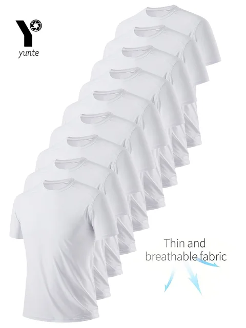 T-Shirt z okrągłym dekoltem 9Pcs Biały Ultralekki Męski Szybkoschnący Oddychający Bluza do Fitness Gym Running Light Plaid Quick Dry Shor