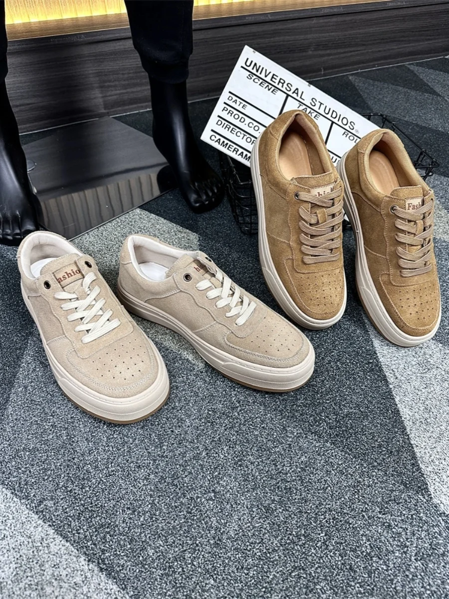 

Upper Layer Cow Suede Leather Men's Sporty Casual Shoes Breathable Fashionable Trendy Slip-On Rubber Sole round Toe Shoes