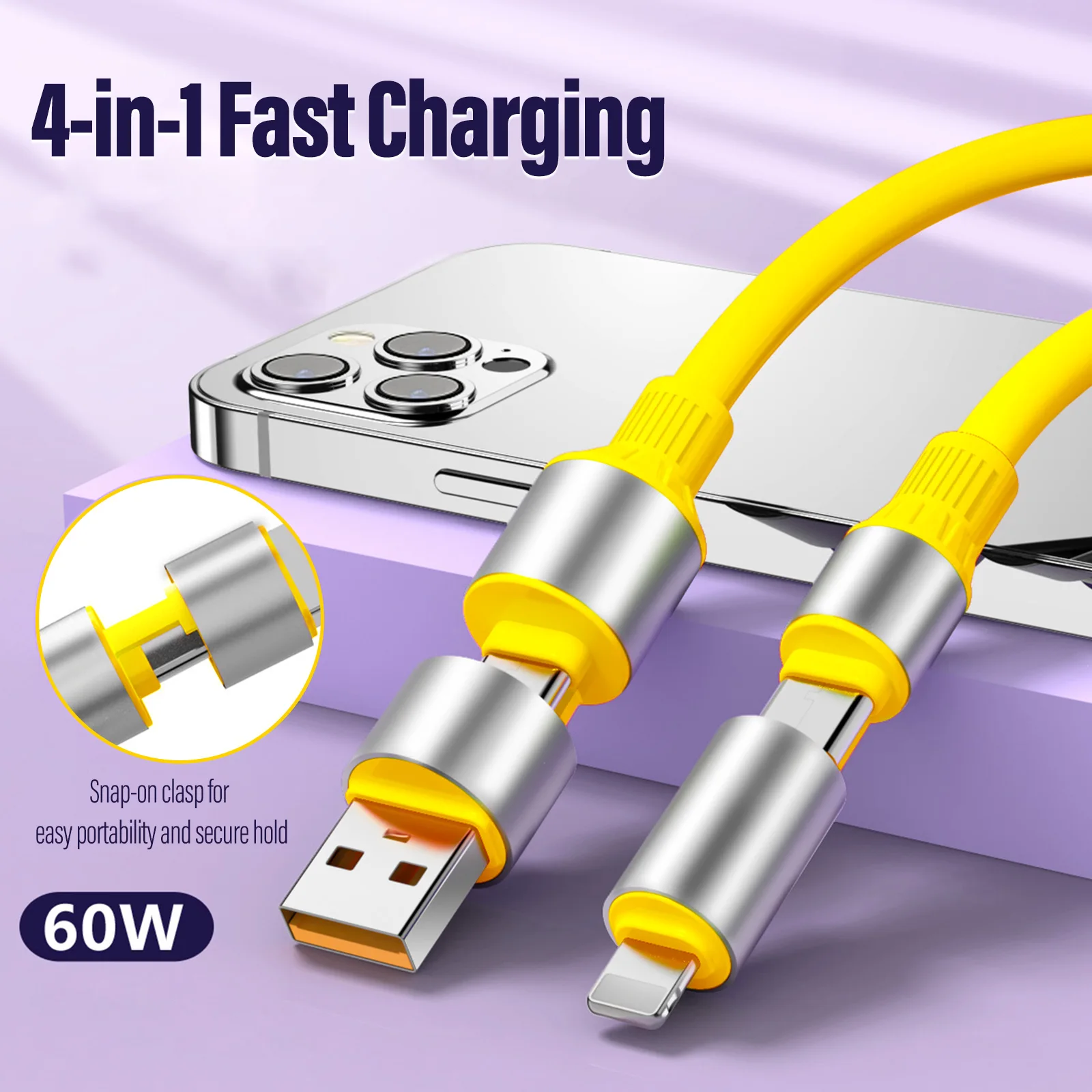 4 In 1 60W Fast Charging Cable for iPhone15 16 17 Android USB Type C Charger Cable Multi Port Multiple USB Charging Wire Line