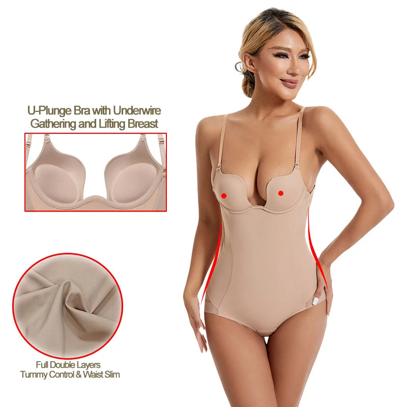 Womens Backless Shapewear Bodysuit Tummy Control Body Shaper Corset Seamless Sculpting Snatched Waist Body Suit Built in Bra