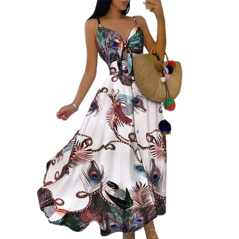 

Women's Sling Long Dresses Summer Floral V-Neck Sleeveless Party Dress Beach Print Maxi Dress Casual Sundress 2021 New Fashion