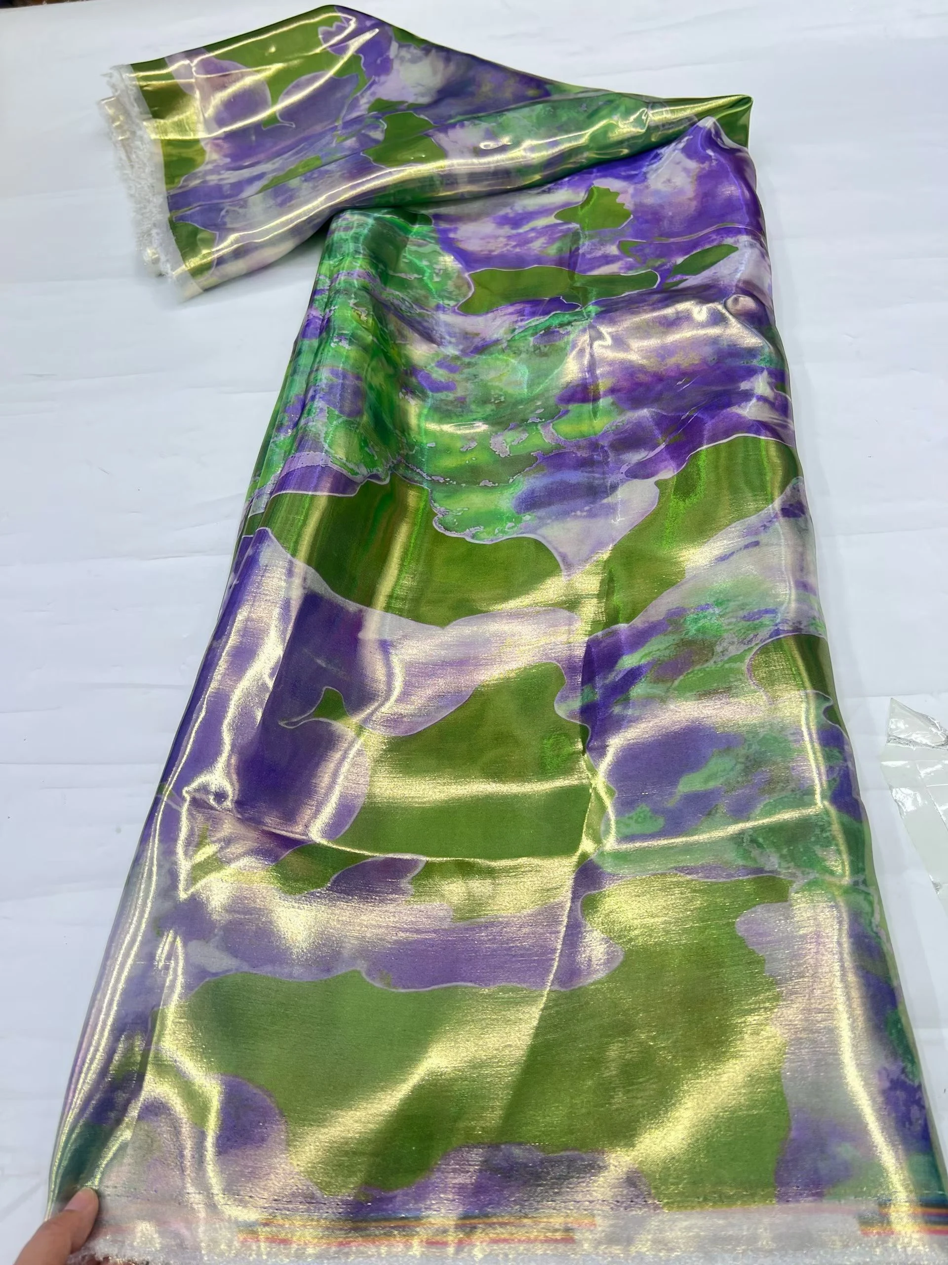 Shimmer Metallic Gold Print Satin Fabric Marble Tie‑Dye Iridescent Shiny Cloth For Evening Dress Party Gown Wedding Dress 2026