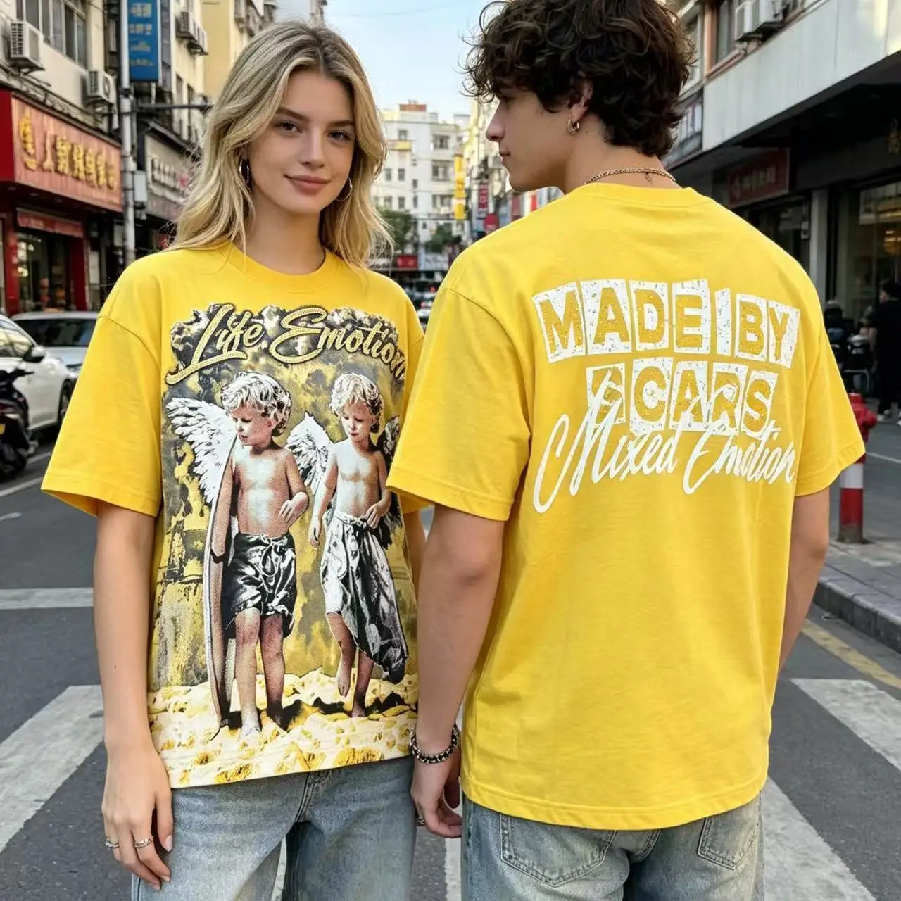 Mixed Emotion Casual Cotton T-Shirt Short Sleeve Angel Print High Street Glitter Loose Fit Heavyweight Pure Cotton Citywalk T...
