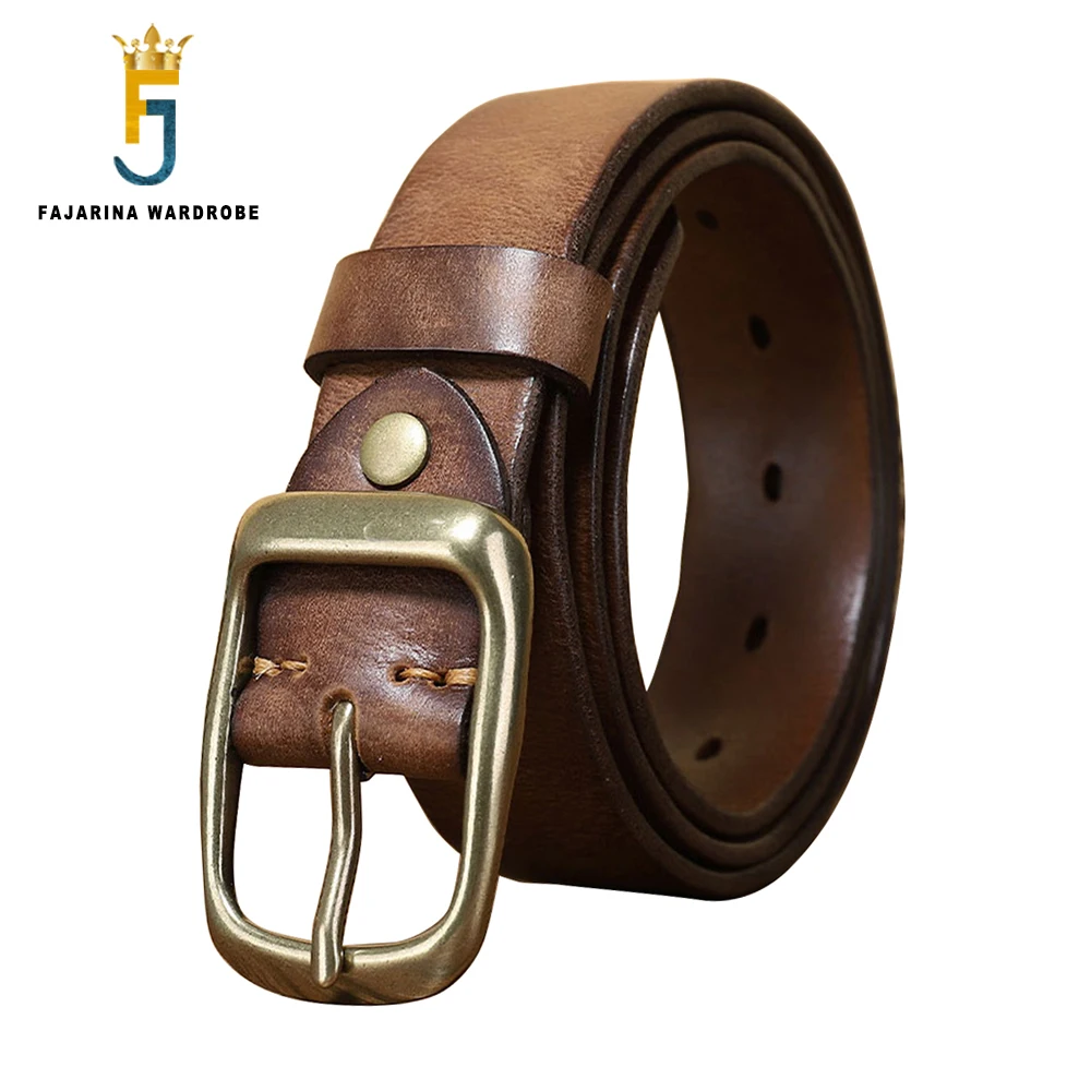 

FAJARINA New Top Quality Head Layer Cow Skin Leather Brass Buckle Belt for Men