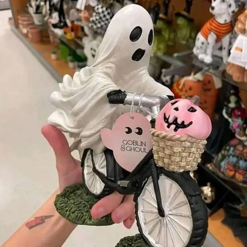 Ghost Bike Rider Met Roze Pompoen Halloween Decor, Schattig Home Ghost Bike Decoratie Beeldje Halloween Op Tafelblad Roze Pum V3i6