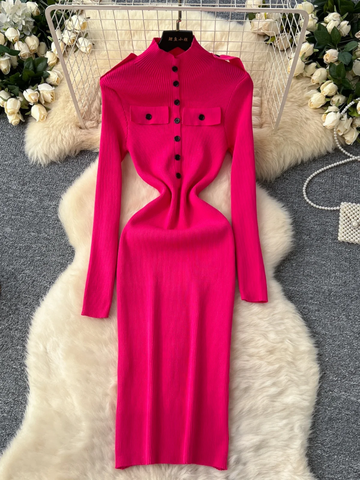 Vestido E de Malha de Cintura Alta para Mulheres, Camada Base Slimming de Outono Inverno, Vestido Longo Estilo Coreano...