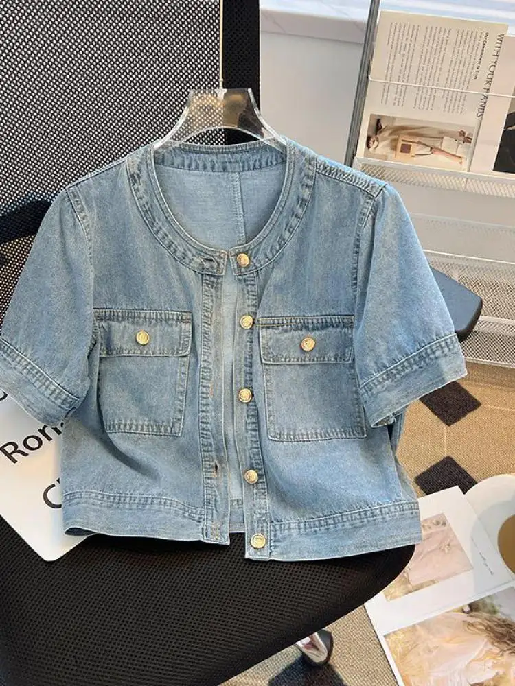 

Винтажное модное женское синее джинсовое пальто с круглым вырезом 2024, топы, летние однобортные джинсовые куртки с короткими рукавами, уличная одежда
