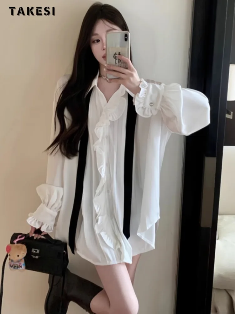 2024 Summer Hotsweet Style Turn-down Collar Long Sleeve Chiffon Blouses Women's Fashion Casual Solid White Loose Fit Shirts