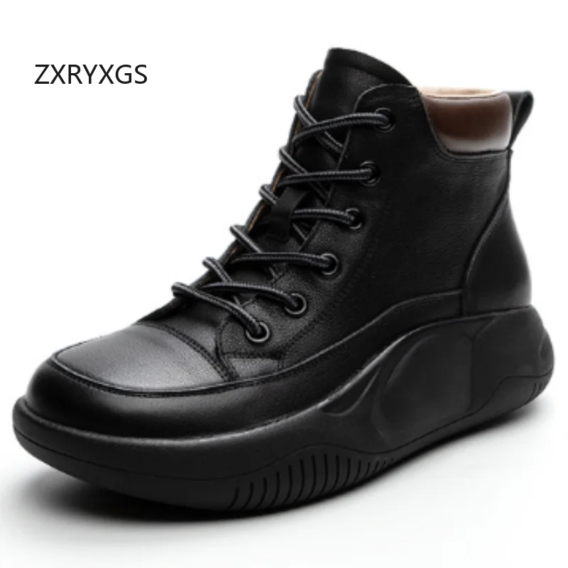 ZXRYXGS Top Cowhide High Top Sneakers Ankle Boots 2026 Lace-up Trendy Autumn Winter Boots Thick Sole Increase Shoes Women Boots