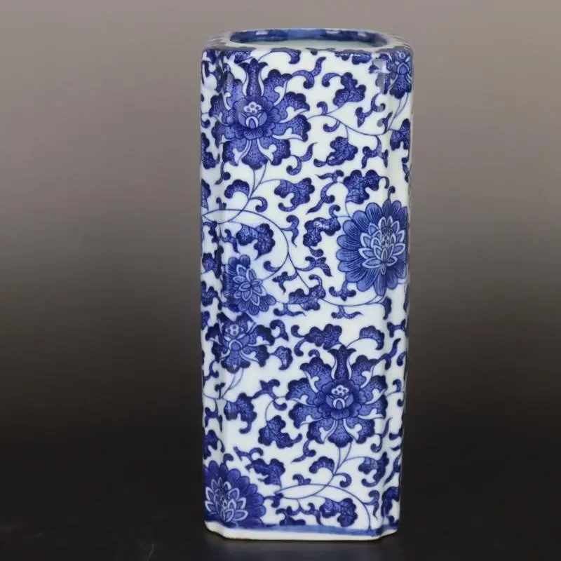 Chinese Blue and White Porcelain Qing Qianlong Lotus Pattern Square Vase 7.5