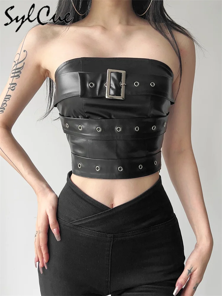 Sylcue Classic Retro Matte Black Mysterious Sexy All-Match Personality Fashionable Summer Travel Cool Women Belt Chest Wrap Vest