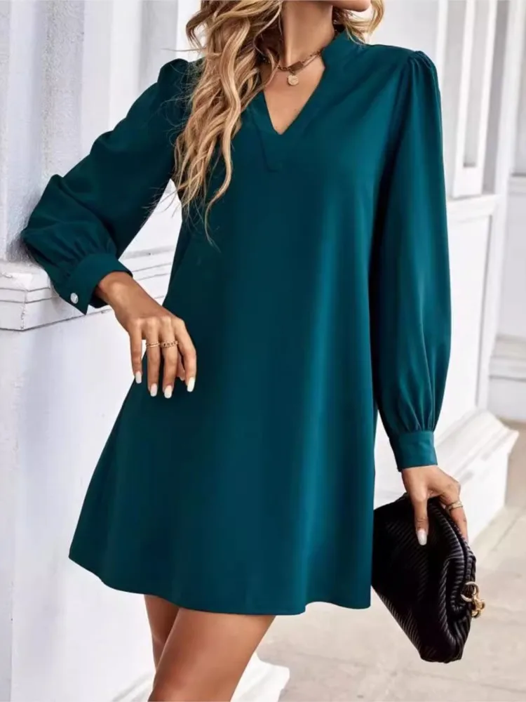 

New Women's Autumn Solid Color Sexy V-neck Fashion Bubble Sleeve Cuff Button Tightening Loose Long Sleeve Shirt Casual Dress