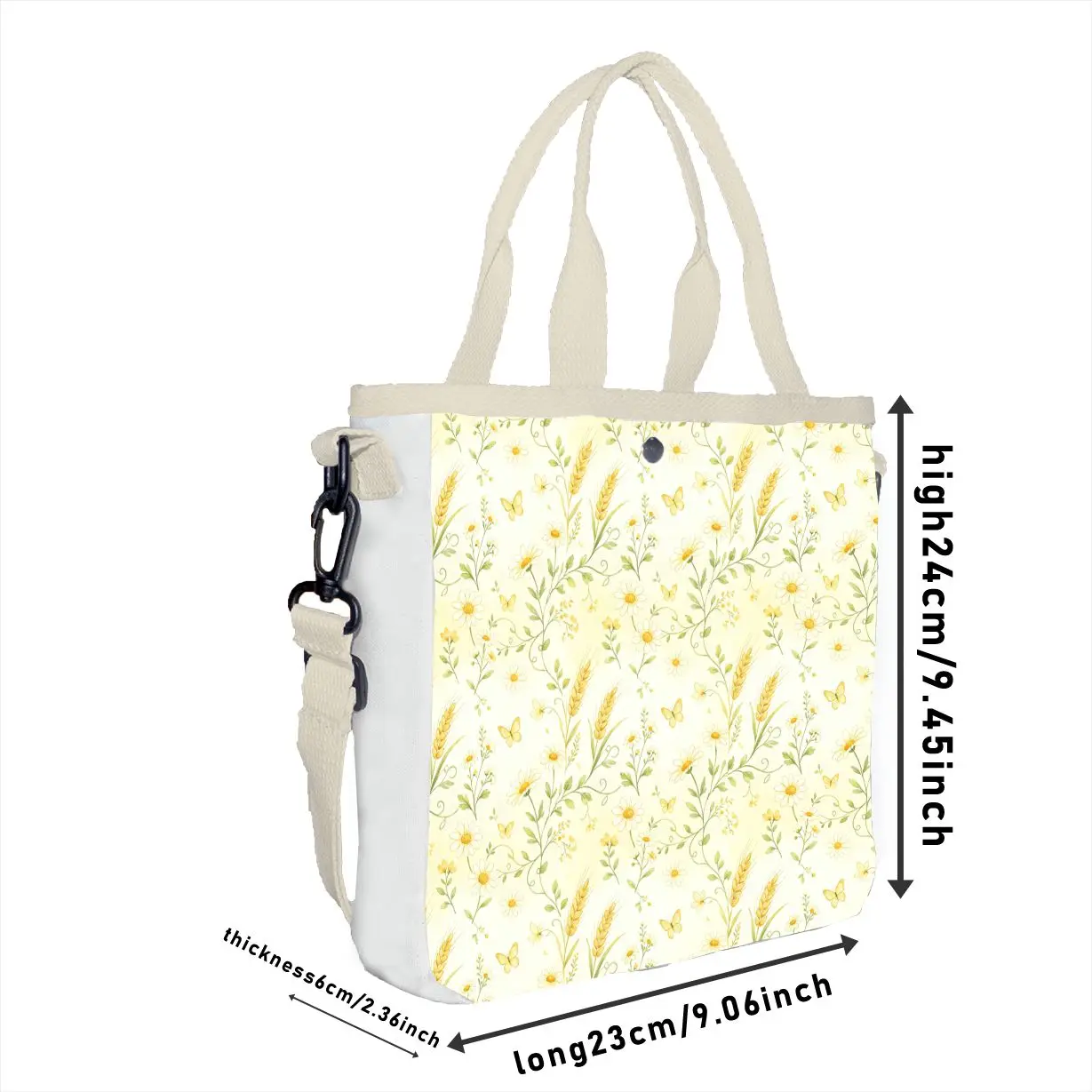 Pastel Daisy & Wheat Print Tote Bag, Adjustable Strap Floral Shoulder Bag
