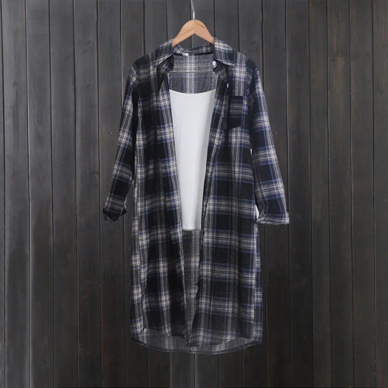 

Long shirt jacket women's thin long-sleeved sun protection shirt above the knee loose large size plaid shirt chiffon top