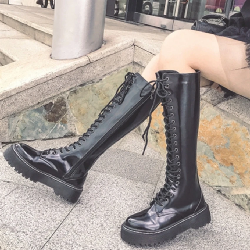 

Winter Thigh High Shoes Women Lace Up Patent Leather Knee High Ridding Boots Female Round Toe Chunky Platform Pumps Casual Shoes