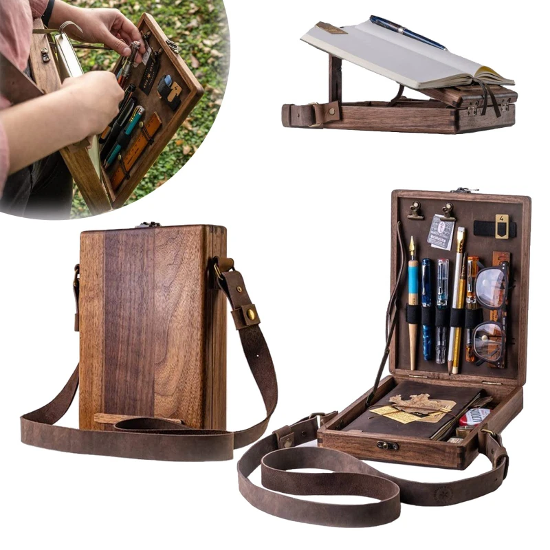 Writers Messenger Wood Box,Multi-Function Artist Tool and Brush Storage Box,Retro Wooden Handmade Portable Crossbody Postman Bag