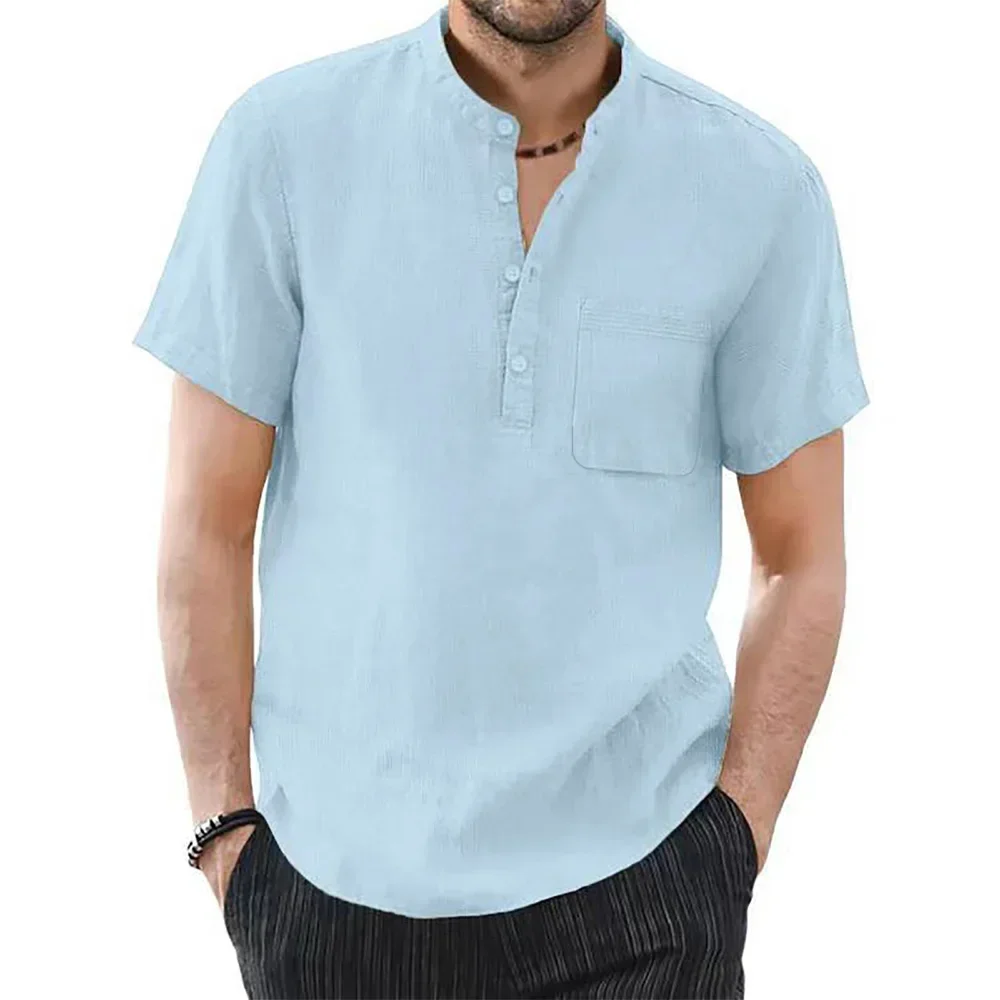 Herren Henley Kragen T-Shirt Sommer atmungsaktive Baggy Baumwolle Leinen Kurzarm T-Shirts für Männer Urlaub tragen Tops