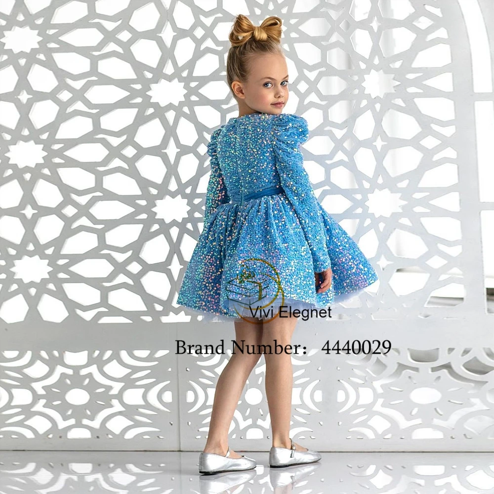 Blue Sequined Flower Girl Dresses for Girls Scoop Full Sleeve Wedding Party Gowns 2023 Summer Knee Length فساتين للحفلات الراقصة