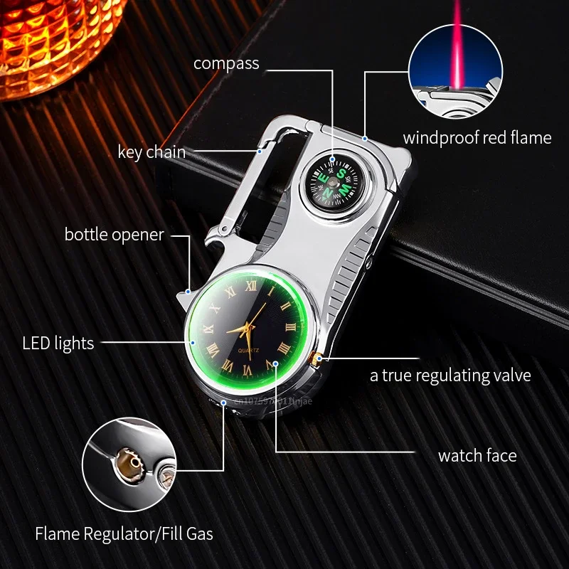 Outdoor Compass Keychain Inflatable Windproof Lighter Multi-function Watch Bottle Opener Red Flame Butane Lighters Survival Tool