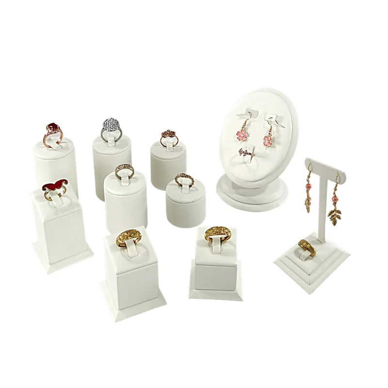 White PU Leather Jewelry Display Stand for Rings Earrings Necklaces - Store Window Counter Showcasing Rack for Jewelry Props