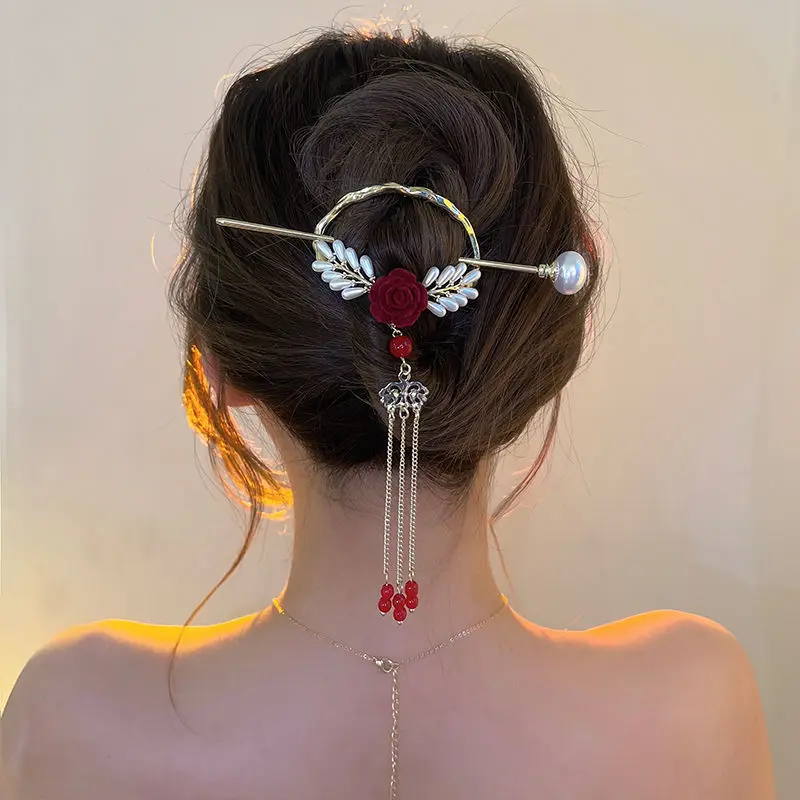 Hanfu Hair Accessories For Women Vintage Red Rose Pearl Wedding Hairpins Bridal Hair Sticks  Luxury Jewelry