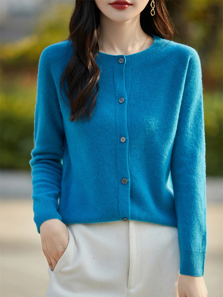 Fashion Basic Women Merino Wool Sweater Cashmere Cardigan O-Neck Knitwear Slim Solid Collar Clothing Tops