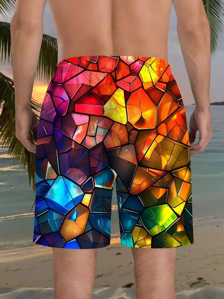 

Mens 3D Geometric Print Beach Shorts Drawstring Waist Lightweight Casual Summer Shorts
