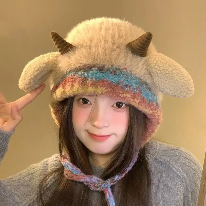 【A-Beautiful 】Topi Rajut Dua Lapis Model Telinga Domba Korea |   Pelindung Telinga Hangat untuk Kepala Besar