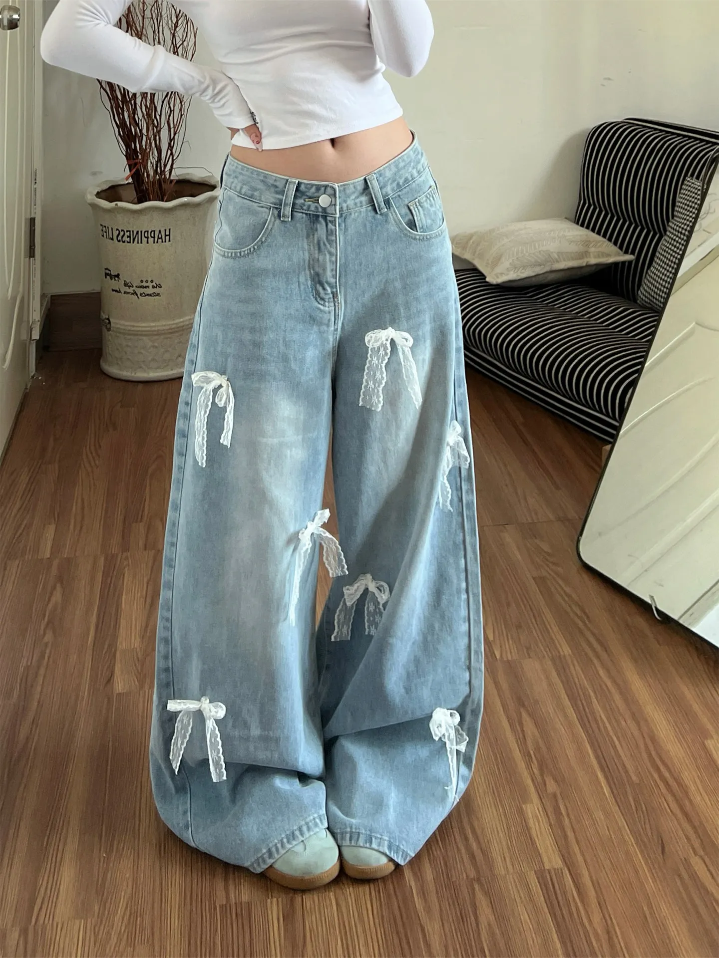 

Korean Style Lace Bow Knot Denim Pants 2026 Women's Spring New Loose Versatile Wide Leg Jeans Trendy Vintage Straight Trousers