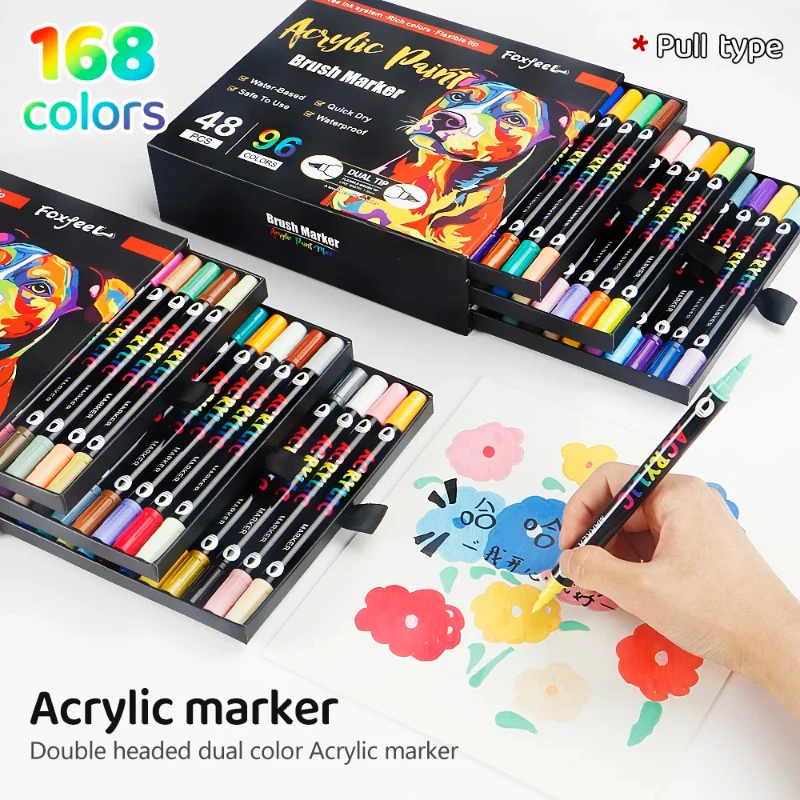 

96/120/168 цветов, ручки для акриловой краски, кончик кисти, маркер с двойной головкой для наскальной живописи, дерева, холст, камень, рождественский подарок, поделки своими руками