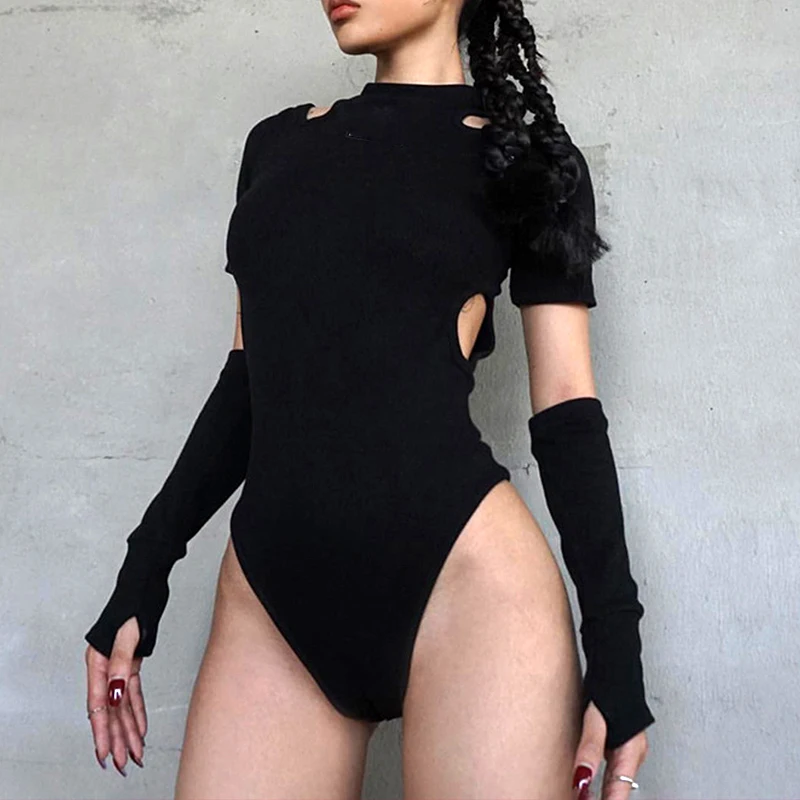 

Women's Slim Splicing One Piece Sleeve Casual Black Jumpsuit Top Short Sleeve Hollow Out Role Play Funky Dance Dress Up Clothing