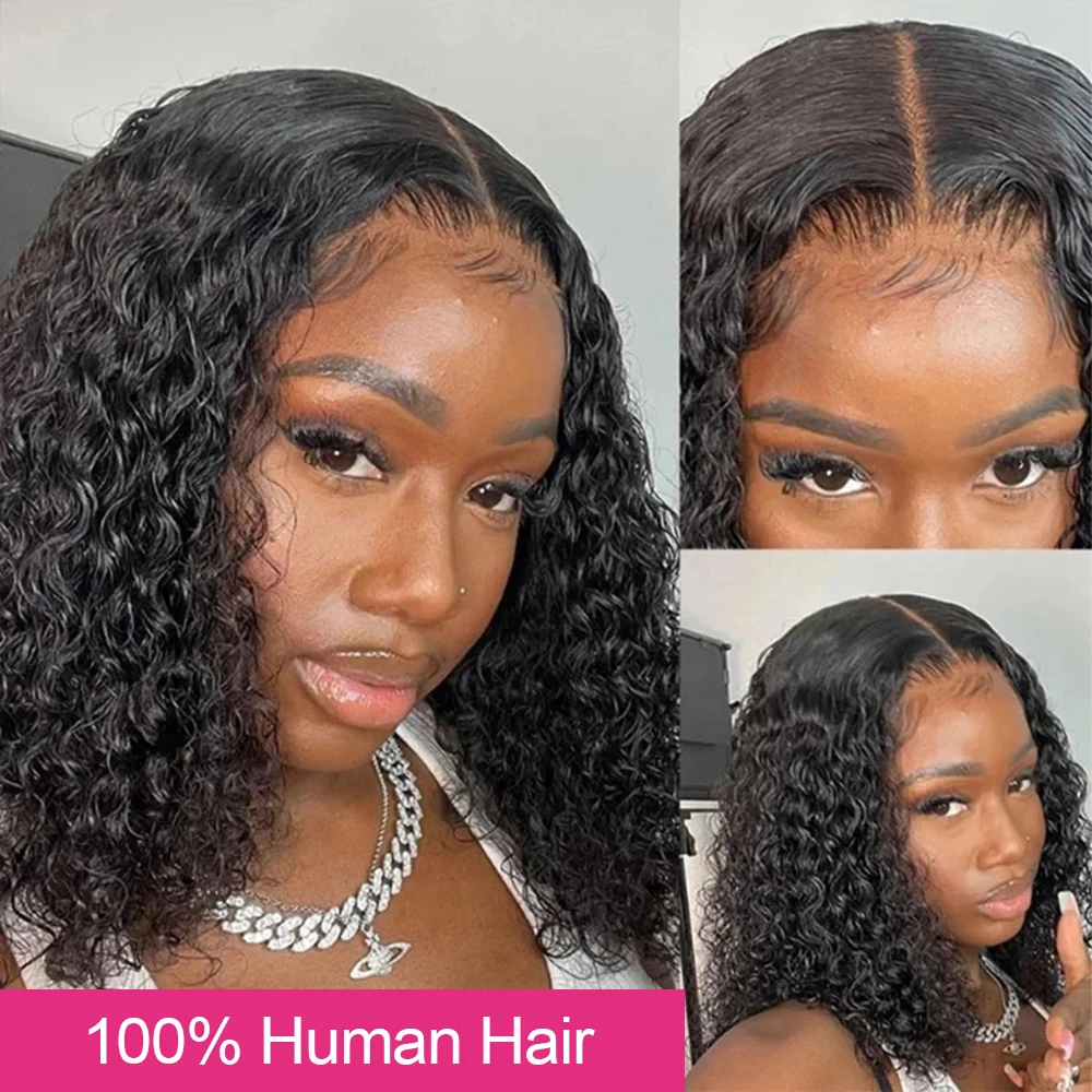 13x6 Short Curly Water Wave Human Hair Bob Wigs Deep Wave Lace Frontal Human Hair Wigs Indian Bob Wig Human Hair 250% Density