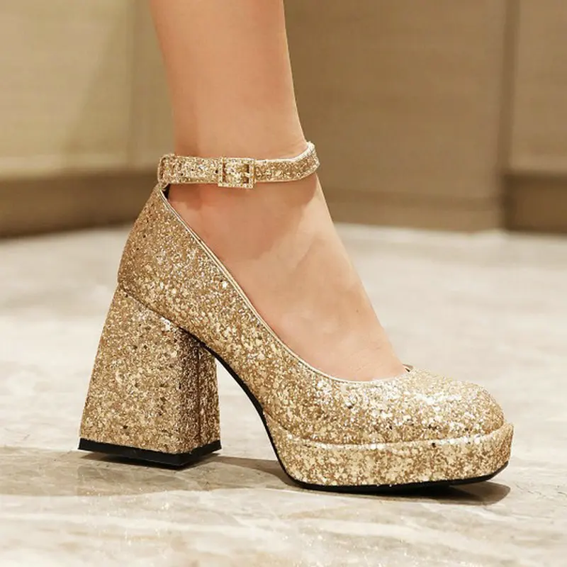 

Gold Silver Sequined Fabric Bling Bling Glitter Lady Pumps Block High Heels Platform Mary Janes Womens Wedding Party Heels Shoes